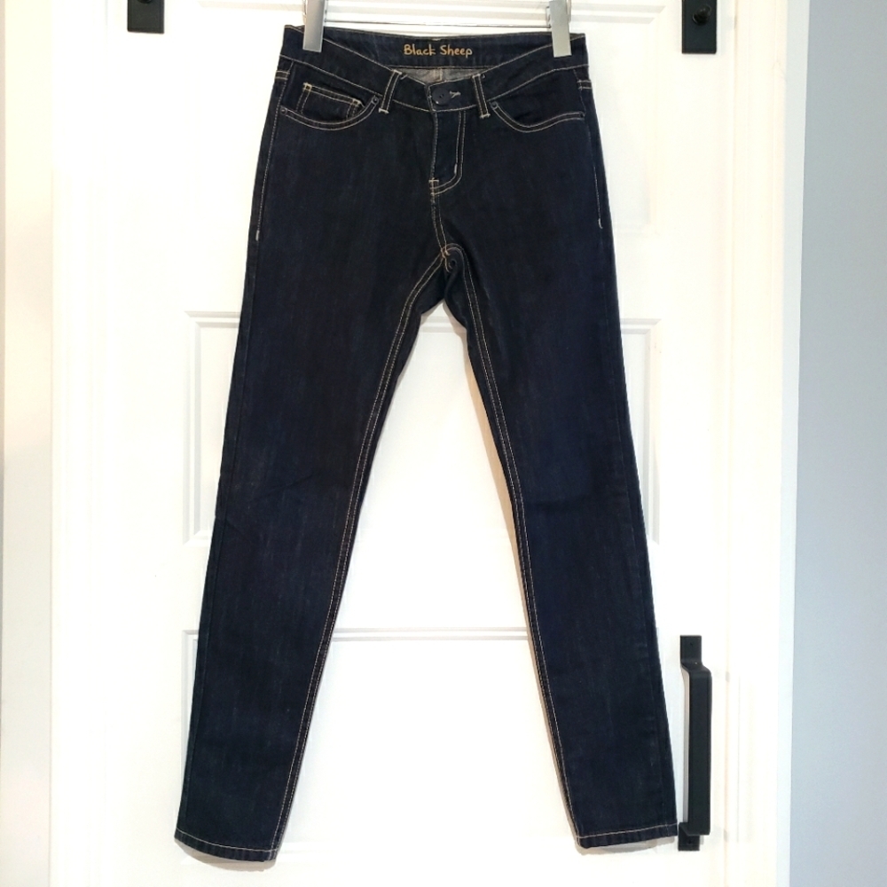 Black Sheep Boutique Indigo Skinny Jean Womens 2 Mid Rise Tan Stitched Denim